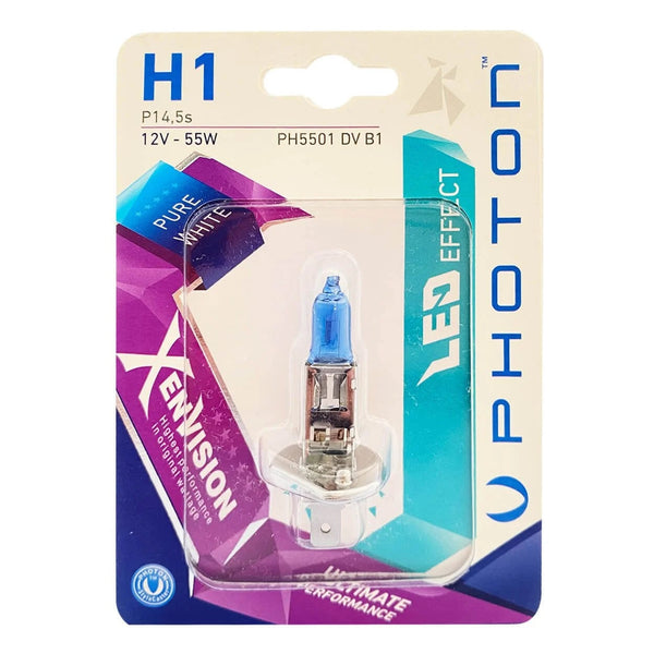 1 брой халогенна крушка H1 Х1 12V 55W P14,5s бяла светлина Xen Vision в блистер Photon - Avtozona