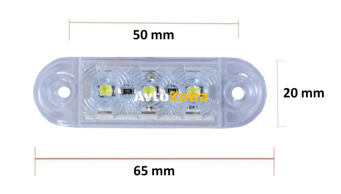 12V-24V - 3 LED преден маркер токос габарит - за бус платформа камион ремарке автобус - 65 мм х 10 мм - бял - Avtozona