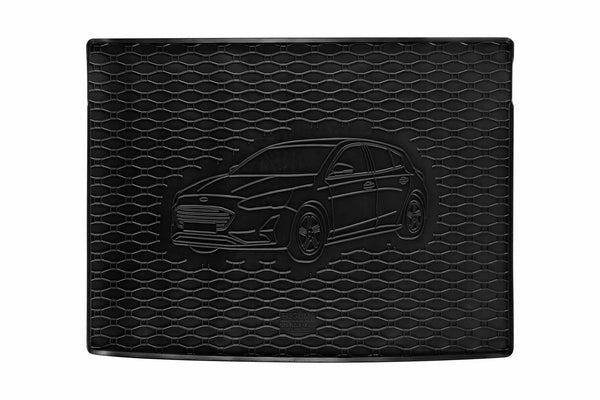 Гумена стелка Rigum за багажник за Ford Focus хечбек (2018+) с щампа на автомобила, черна