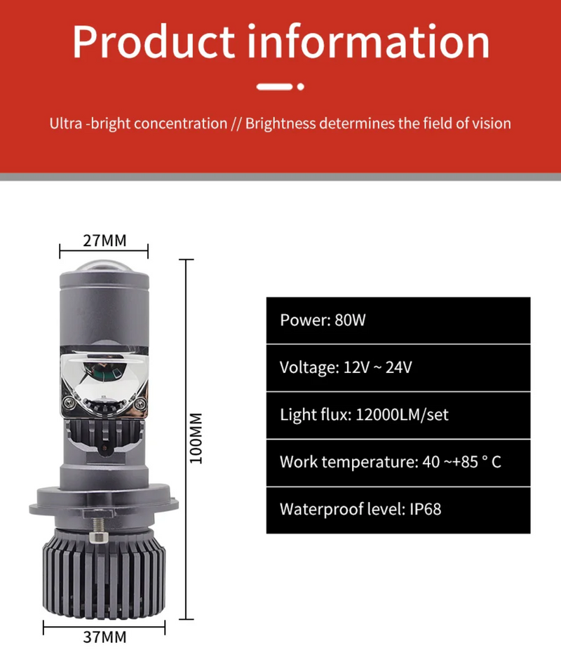 Комплект LED крушки H4 80W 12000lm с лупа – Canbus 6000K-6500K къси/дълги светлини - Avtozona