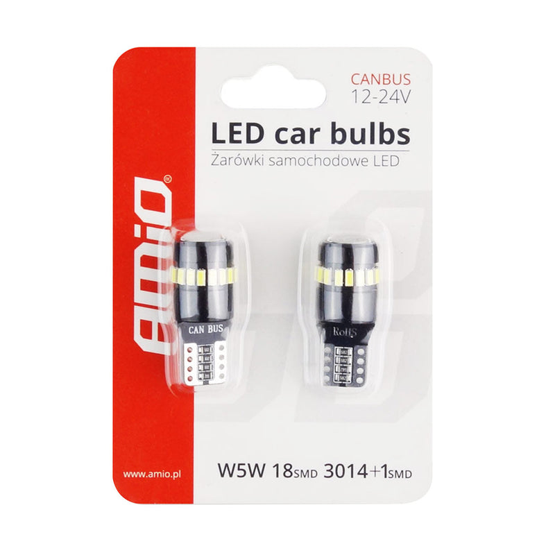 Комплект от 2бр. LED Лед Диодни крушки за габарит T10 W5W Canbus 3014 + 1 18SMD 12V-24V бяла светлина - Avtozona