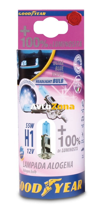 Комплект от 2 броя халогенни крушки крушка H1 Х1 12V 55W + 100% 5000K E4 Goodyear Гудиър - Avtozona