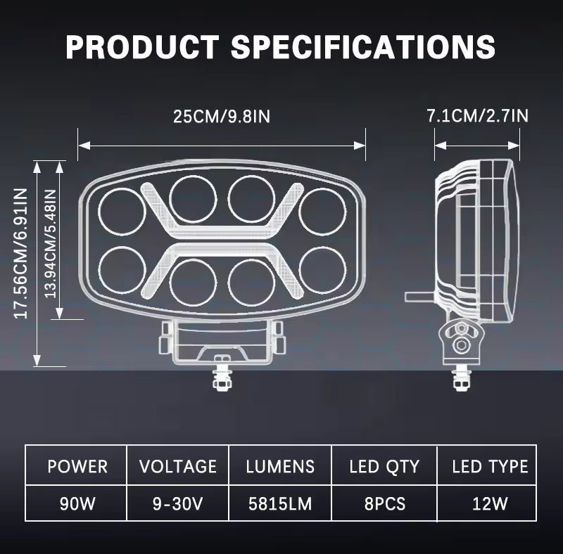 LED мощен диоден фар халоген лампа 12V-24V 90W бяло-жълто за АТВ джип камион трактор земеделски и селскостопански машини и др. - Avtozona