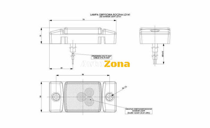 LED Светодиоден Габарит Маркер Токос Червен Е-Mark 3 LED 12V-24V 7.3 см - Avtozona