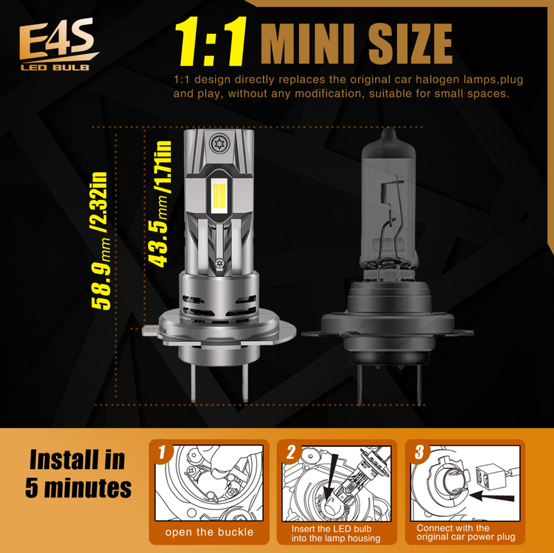 Мини LED крушки E4S H7/H18 50W 15000lm – Компактни и мощни за автомобил мотоциклет и други - Avtozona