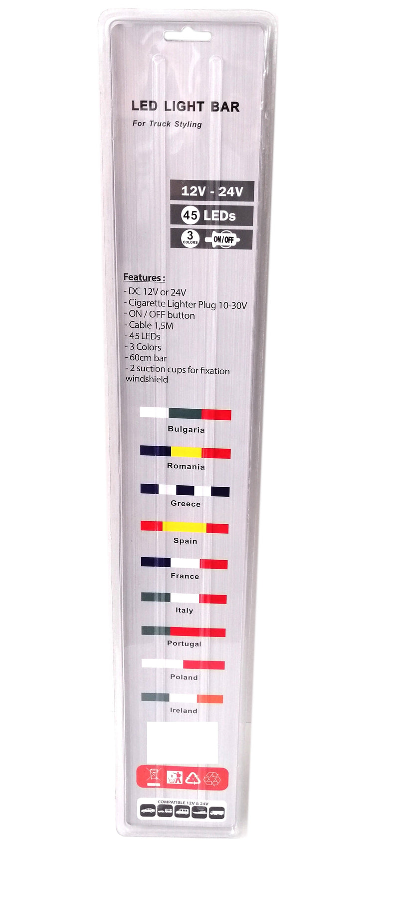 Светещ лед бар 60 cm 45 LED 12V - 24V бяло-зелено-червено BG Bulgaria флаг знаме България - Avtozona