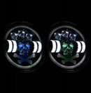 Универсален 7 инча 18см ЛЕД LED фар халоген 12V-24V къси/дълги с DRL дневни светлини мигач бяло-жълто и череп с RGB подсветка с 6 различни