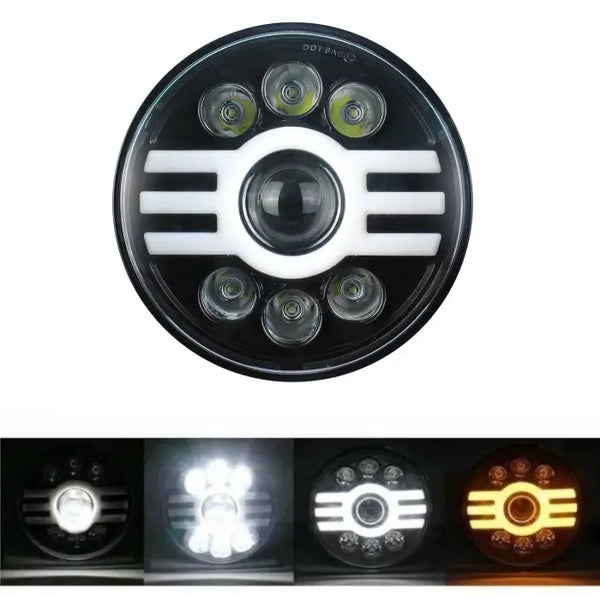 Универсален 7 инча 18см ЛЕД LED фар лампа халоген 12V-24V къси/дълги с DRL дневни светлини мигач бяло-жълто 5000lm за АТВ джип мотоциклет