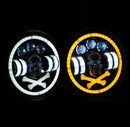 Универсален 7 инча 18см ЛЕД LED фар халоген 12V-24V къси/дълги с DRL дневни светлини мигач бяло-жълто и череп с RGB подсветка с 6 различни
